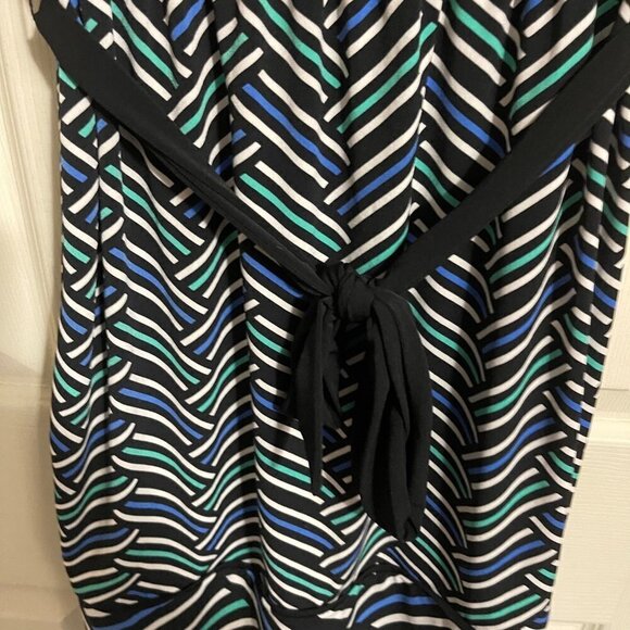 Worthington Womens Black Blue Chevron Striped Stretch Belted Career Dress Small - Picture 3 of 6
